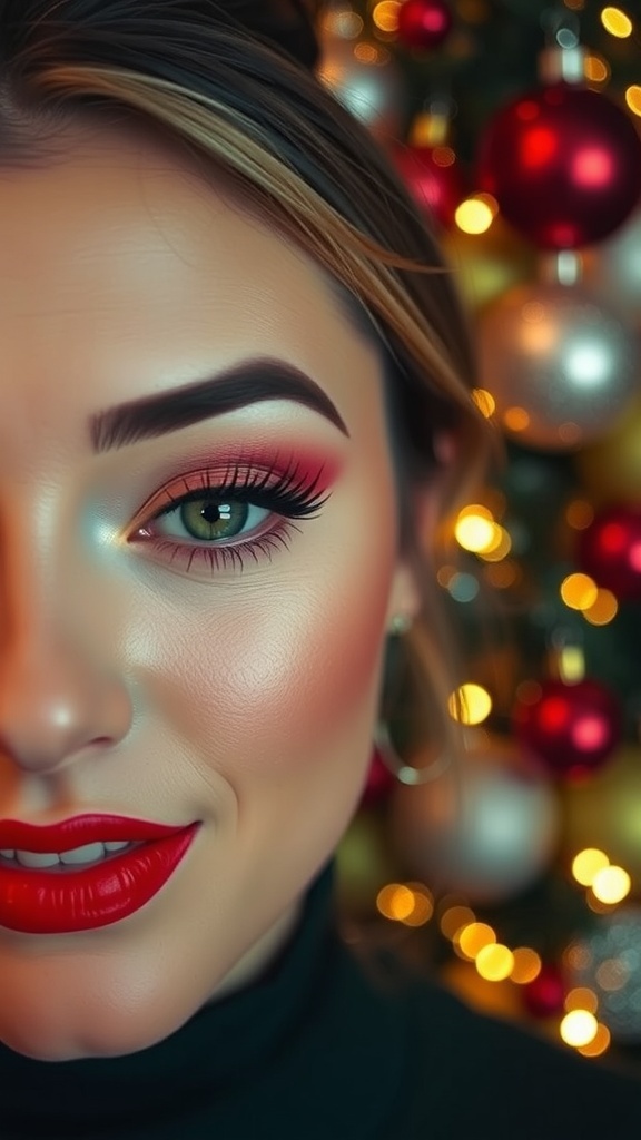 Close-up of simple Christmas makeup with glowing skin and red lips against a festive background.